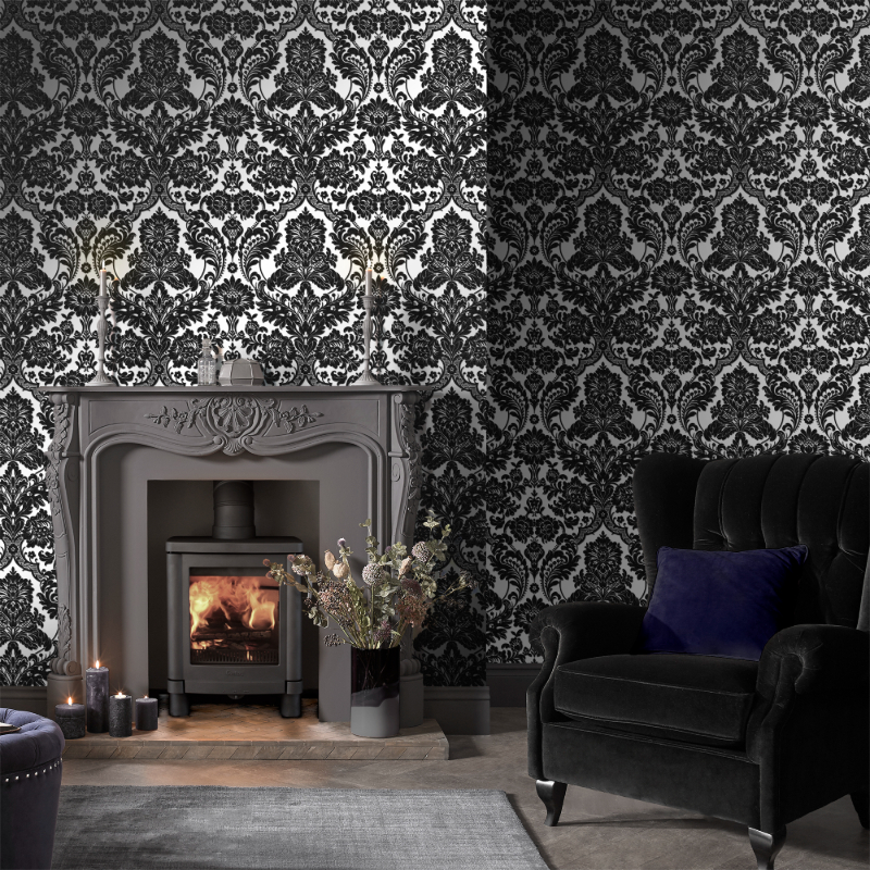 Gothic Damask Flock Black/Silver