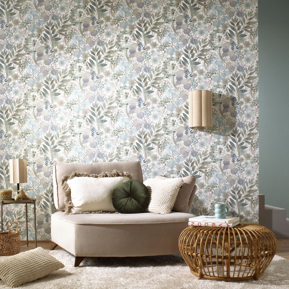 Erismann Secret Grove Floral Blue/Silver roomset